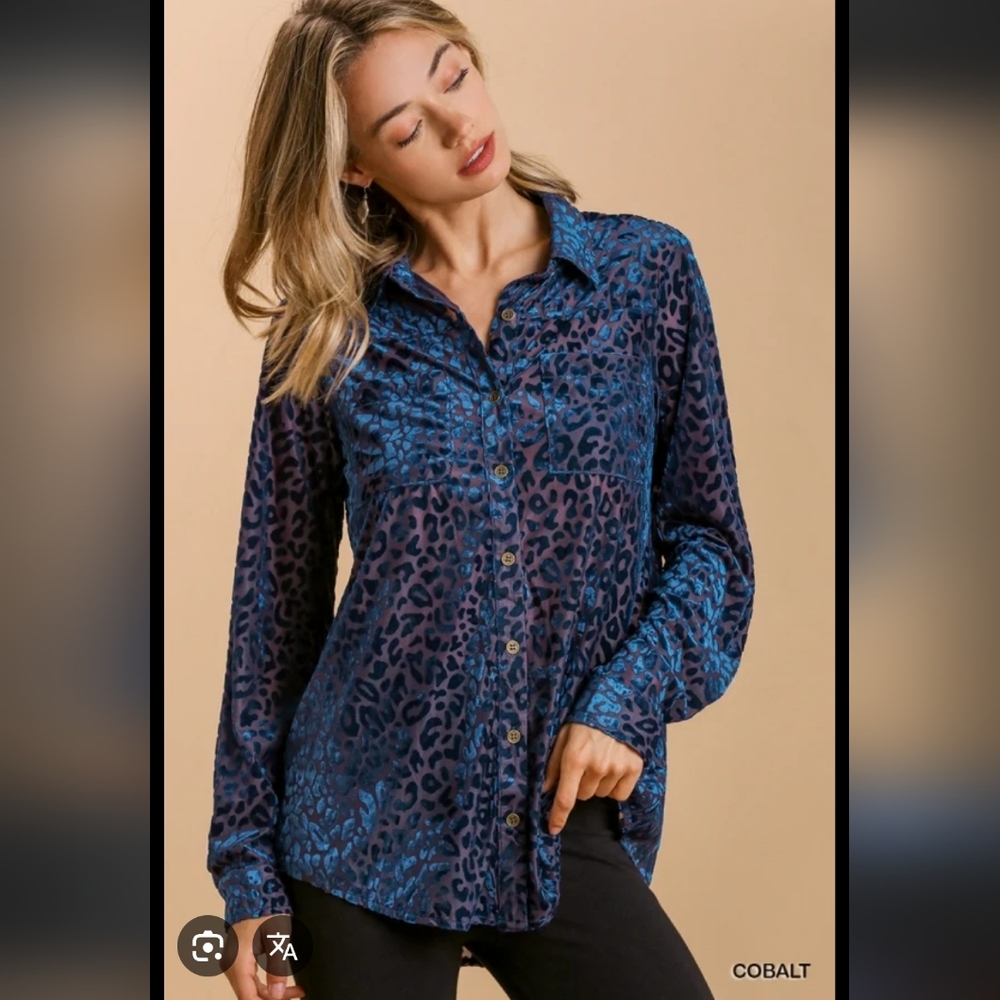 Umgee Blue and Purple Leopard Button Down Shirt